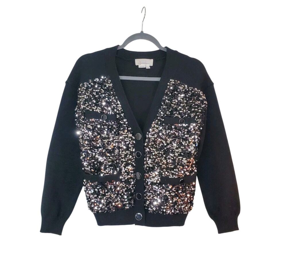 Anthropologie Disco Silver Sequin 4-Pocket Black Knit Cardigan Sweater, Size XXS